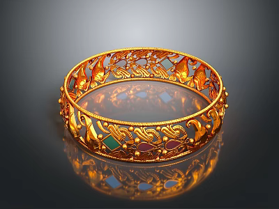 Exquisite Golden Shiny Bracelet With Intricate Filigree Design And Colored Gemstones For Daily Use 3d model