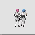 Two Cute Anime Maid Characters With Pink Blue Hair In Classic Outfits Waving Posing