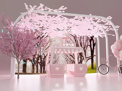 Beautiful Pink Cherry Blossom Photo Check-in Spot With Arched Structure Pink Pavilion Balloons And Bicycle 3d model