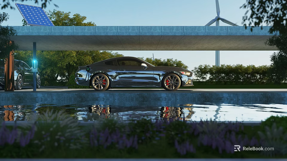 Shiny Modern Sports Car Reflected In Water With Solar Panels And Wind Turbine 3d model 