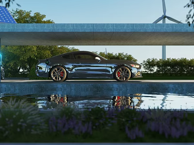 Shiny Modern Sports Car Reflected In Water With Solar Panels And Wind Turbine 3d model