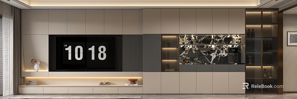 Modern TV Background Cabinet With Beige Cabinets Marble Accent And Shelves Lighting 3d model 