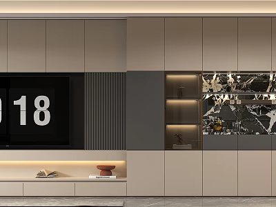 Modern TV Background Cabinet With Beige Cabinets Marble Accent And Shelves Lighting 3d model