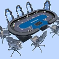 Texas Hold'em Entertainment Table With Blue Surface Surrounding Chairs And Poker Chips