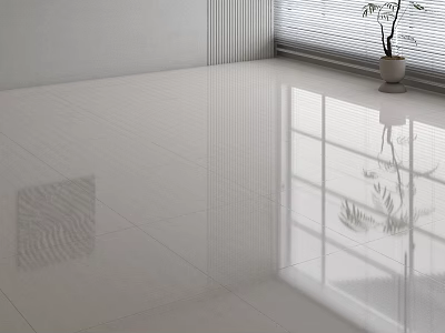 Bright Indoor Area Featuring Shiny White Tiled Floor Window Blinds And Potted Plant Reflection 3d model