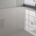 Bright Indoor Area Featuring Shiny White Tiled Floor Window Blinds And Potted Plant Reflection