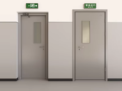 Interior With Silver Doors And Green Exit Emergency Exit Signs 3d model
