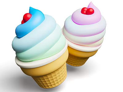 Two Ice Cream Waffle Cones With Colorful Cream Layers And Red Cherries On Top 3d model