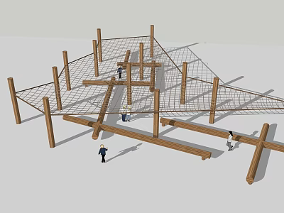 Outdoor Wooden Playground Climbing Equipment with Net Structure and Wooden Posts for Kids Activity 3d model