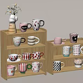 Dinnerware Set With Various Patterned Mugs Displayed On Wooden Shelves For Home 3d model
