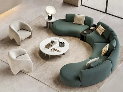 Modern Curved Green Sofa And Round Coffee Table Set With Light Armchairs 3d model