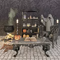 Mystical Halloween Scene With Jack O Lantern Skulls Cauldron Candles Open Book And Ghostly Cloak