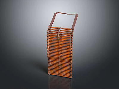 Traditional Handwoven Bamboo Basket With Brown Handle And Woven Strip Pattern 3d model