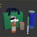 Essential Medical Devices With Green First Aid Kit Medicine Bottle Bandage Syringe And Disinfectant Canister