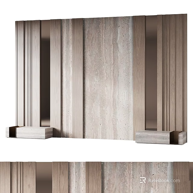 Wooden Strips With Stone Panel Vertical Decorative Structure And Base Blocks Design 3d model