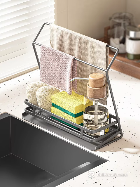 Practical Kitchen Cleaning Tools Organizer Rack With Towels Sponges And Wooden Lid Soap Dispenser 3d model 