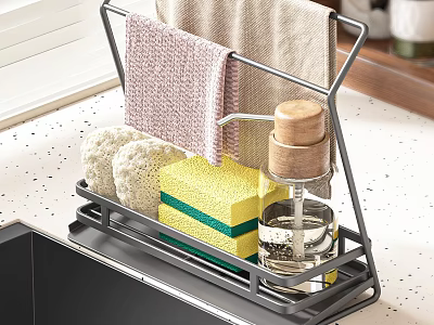 Practical Kitchen Cleaning Tools Organizer Rack With Towels Sponges And Wooden Lid Soap Dispenser 3d model