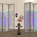 Traditional Chinese Room Divider Screens with Bamboo Leaves Floral Patterns Lantern Vase and Wooden Floor