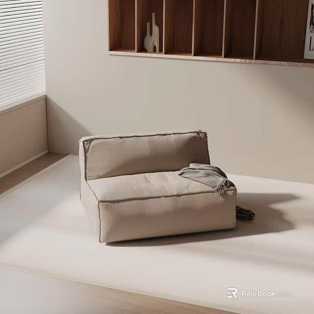 Modern Beige Lounge Chair In Bright Room With Wooden Shelf And Blinds 3d model 