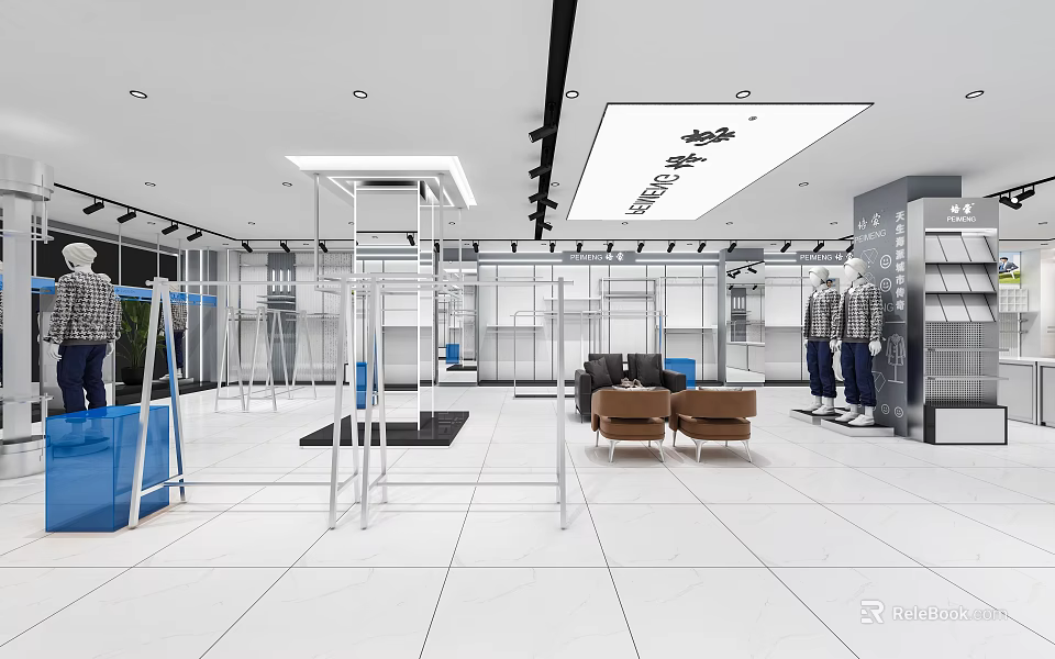 Modern Clothing Store Interior With Clothing Racks Mannequins Sofa Seats And White Tiled Floor 3d model 