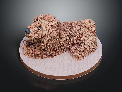 Brown Dog Shaped Cake With Fluffy Texture On Round Decorative Base 3d model