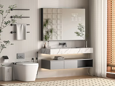 Modern Bathroom Suite with Toilet Vanity Mirror Marble Countertop and Green Plants Towel Rack 3d model