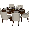 Round Wooden Dining Set With Light Gray Upholstered Chairs And Tableware Fruit 3d model