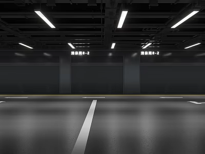 Spacious Indoor Parking Garage Featuring Dark Walls Ceiling Strip Lights And Floor Markings 3d model