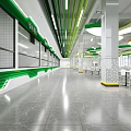 Modern Long Corridor Interior With Green White Design Bright Lighting And Gray Floor 3d model