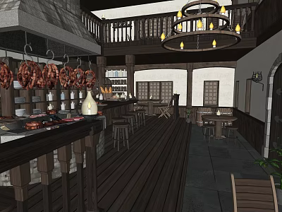 Hotel Lobby Interior With Wooden Floor Chandelier Bar Counter And Balcony 3d model