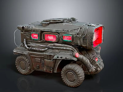 Industrial Sci Fi Mechanical Vehicle With Red Display Screens Metal Pipes And Wheels 3d model