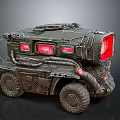 Industrial Sci Fi Mechanical Vehicle With Red Display Screens Metal Pipes And Wheels