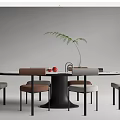 Modern Dining Table Set With Round Table Upholstered Chairs And Decorative Plants 3d model