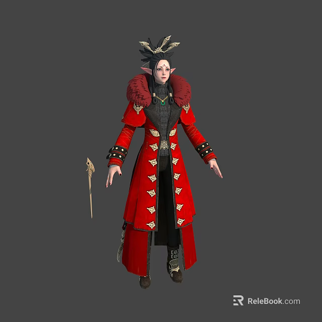 Fantasy Elf Character Wearing Red Robe With Golden Decorative Buttons Pointed Ears Holding Staff 3d model 