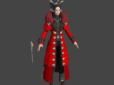 Fantasy Elf Character Wearing Red Robe With Golden Decorative Buttons Pointed Ears Holding Staff 3d model