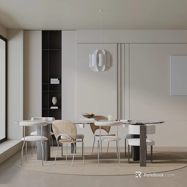 Modern Dining Table Set With Marble Top And Ergonomic Chairs In Minimalist Interior 3d model 