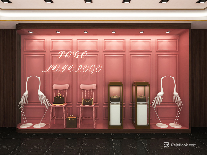 Store Window With Pink Wall Panels Neon Logo Chairs Handbags Display Cabinets White Crane Decorations 3d model 