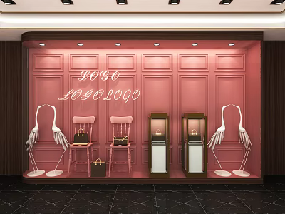 Store Window With Pink Wall Panels Neon Logo Chairs Handbags Display Cabinets White Crane Decorations 3d model