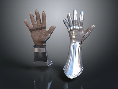Brown Leather Glove With Straps And Silver Metal Armor Gauntlet Featuring Shiny Surface 3d model