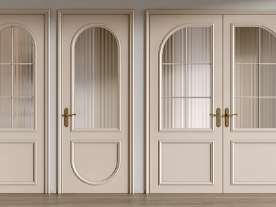 Modern Cream Colored Hinged Doors With Glass Panels And Golden Door Handles 3d model