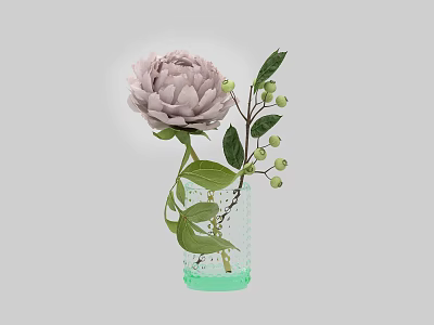 Pink Peony Flower In Green Glass Vase With Green Leaves And Small Berries 3d model