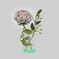 Pink Peony Flower In Green Glass Vase With Green Leaves And Small Berries