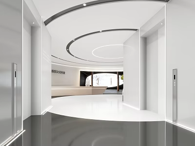 Modern Minimalist White Lobby Reception Desk With Circular Ceiling And Elevators 3d model