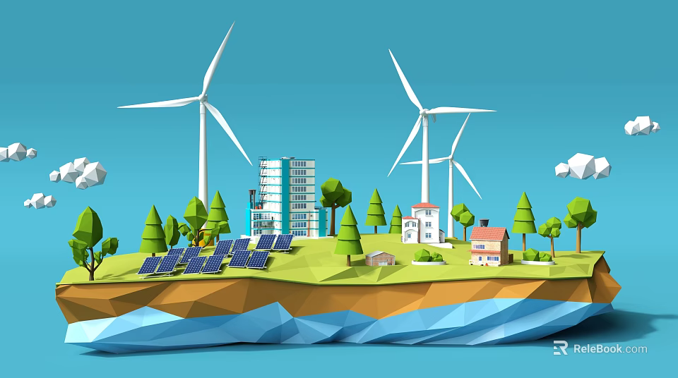 Natural Green Landscape With Wind Turbines Solar Panels Trees Buildings And Water 3d model 