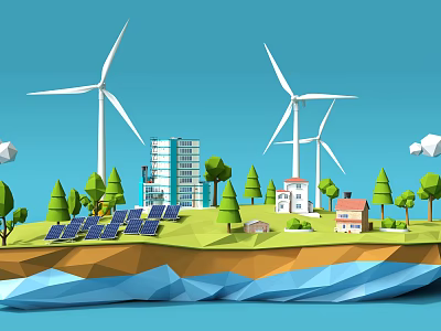 Natural Green Landscape With Wind Turbines Solar Panels Trees Buildings And Water 3d model