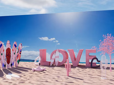 Beach Scene with LOVE Letters Colorful Surfboards Pink Tree Heart Decor and Sunny Blue Sky 3d model