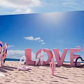 Beach Scene with LOVE Letters Colorful Surfboards Pink Tree Heart Decor and Sunny Blue Sky