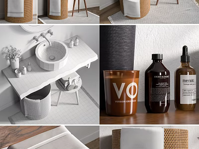 Modern Bathroom Washbasin With White Ceramic Countertop Chrome Faucet Round Mirror And Decorative Accessories 3d model