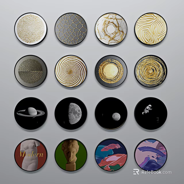 Decorative Round Framed Paintings with Diverse Patterns Textures and Themed Art Designs 3d model 