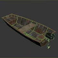 Old Rusty Wooden Boat With Stern Mounted Black Motor And Wooden Seat